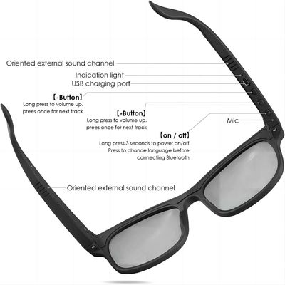 Lente UV preta do controle de volume dos óculos de sol de Bluetooth dos fones de ouvido abertos da orelha anti